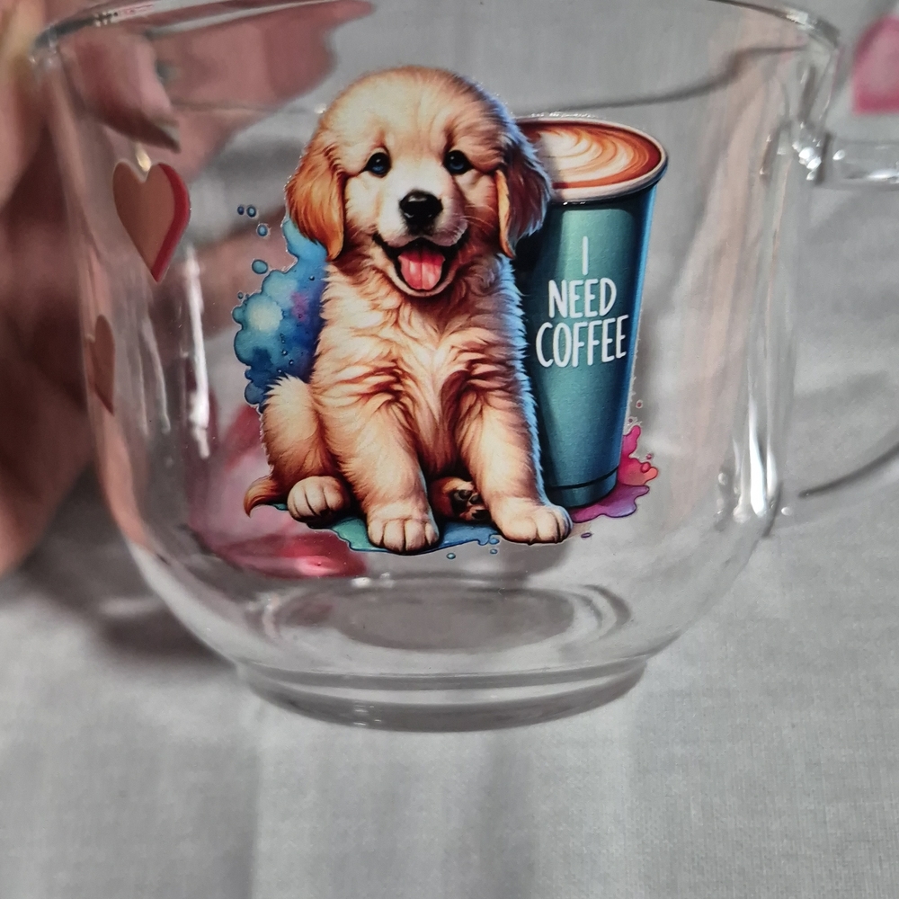 Golden Retriever Clear Glass Cup and Coffee Design With Accent Hearts .